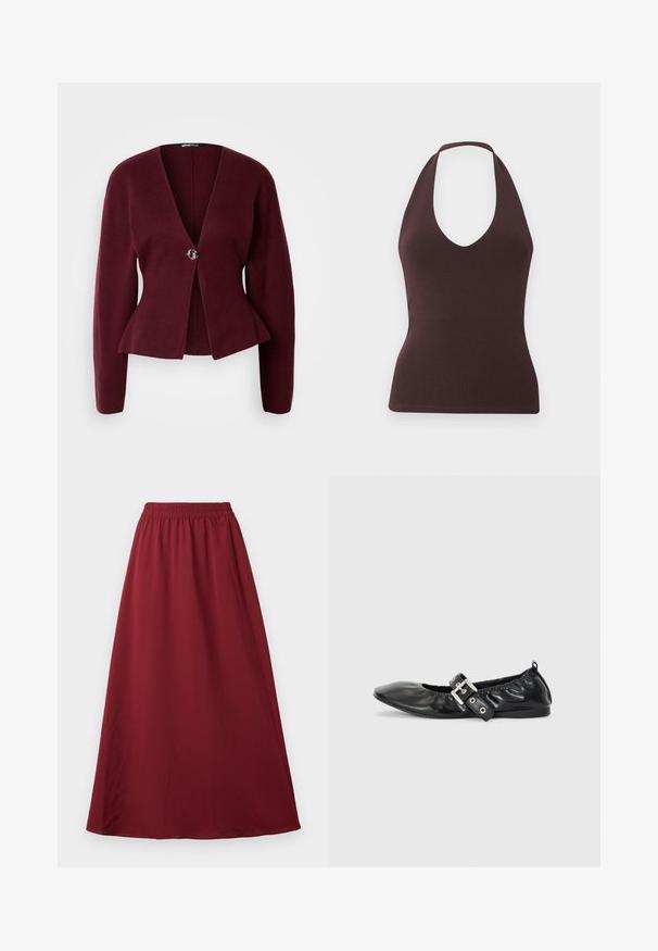 Bordeaux cardigan med v-hals, lange ærmer og peplum-kant. Har en enkelt dekorativ knap med et kontrastdesign. Blød tekstur.; Ærmeløs mørkebrun halterneck-top med ribbet tekstur og dyb V-hals, tætsiddende silhuet på ensartet lys baggrund.; Bordeaux maxi nederdel med elastisk talje, der har et glat, flydende stof og et enkelt, uprydet design.; Sorte læder flade sko med spids tå, samling detaljer omkring åbningen, og en sølv spænde accent på den justerbare rem.