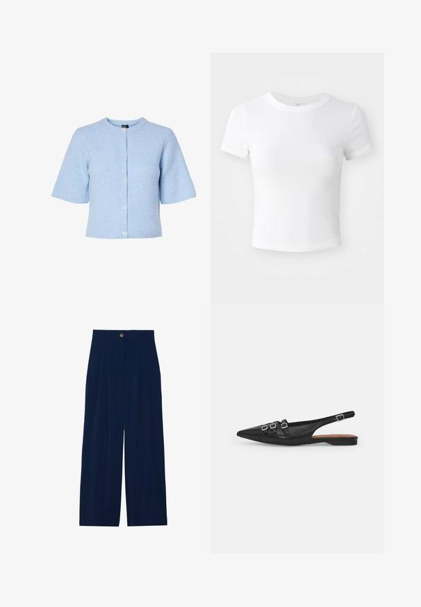 Lyseblå kortærmet cardigan lavet af ribbet materiale, med rund hals og fem knaplukninger foran.; Simpel hvid kortærmet cropped t-shirt med rund halsudskæring, præsenteret på en neutral lys baggrund.; Marineblå brede bukser lavet af blødt materiale, med fortilæg, knaplukning og to sidelommer.; Sort læderslyngeflad sko med spids tå, der har to vandrette stropper og firkantede sølvspænder, lav hæl og glat tekstur.