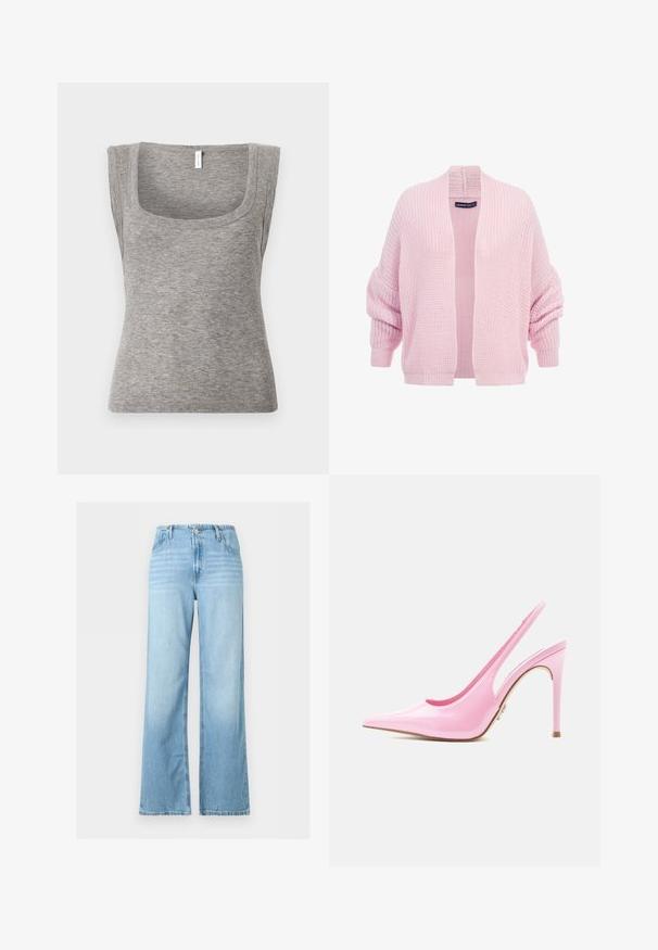 Cardigan en maille épaisse rose pâle avec manches longues légèrement froncées et devant ouvert, étiqueté "Cloud Sve".; Débardeur gris sans manches en maille côtelée avec un décolleté carré et une silhouette ajustée, présentant une texture lisse et une légère élasticité.; Jean denim bleu clair à jambes larges avec bouton et fermeture éclair à l'avant, passants pour ceinture, et design cinq poches.; Chaussure à talon haut rose brillant avec bride arrière, bout pointu et talon aiguille fin, sur fond blanc.