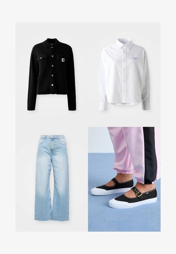 Sort, ribbet cardigan med krave, frontlomme og sølvknapper. Har et logo-patch på brystlommen. Blød tekstur.; Hvid skjorte med lyseblå lodrette striber, en spids krave og et lille blåt logo på venstre bryst. Forarbejdet i bomuldsstof, afslappet pasform.; Lyseblå vidde jeans lavet af denim, med høj talje, falmede detaljer, knaplukning og rå kant i bunden.; Sorte lærredssko med en hvid sål, der har et udskæringsdesign og et guldspænde. Bæret med lyserøde træningsbukser.