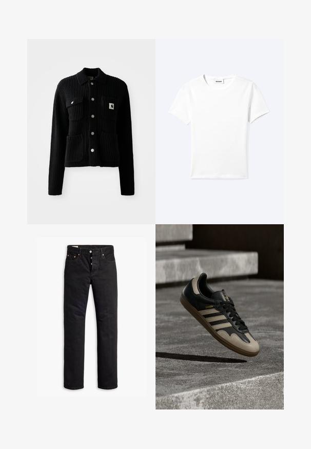 Schwarze, gerippte Strickjacke mit einem Kragen, vorderen aufgesetzten Taschen und silbernen Knöpfen. Verfügt über ein Logopatch auf der Brusttasche. Weicher Touch.; Einfaches weißes T-Shirt mit kurzen Ärmeln und Rundhalsausschnitt sowie kleinem "WEEKDAY"-Etikett im Nacken, flach auf einem hellen Hintergrund präsentiert.; Schwarze Denim-Jeans mit geradem Schnitt, Fünf-Taschen-Design und Knopfverschluss. Mit Kupfennieten und Nähtelementen.; Schwarzer und beiger Ledersneaker mit drei weißen Streifen, tannengrüner Gummisohle und goldener "Samba"-Detailierung an der Seite.