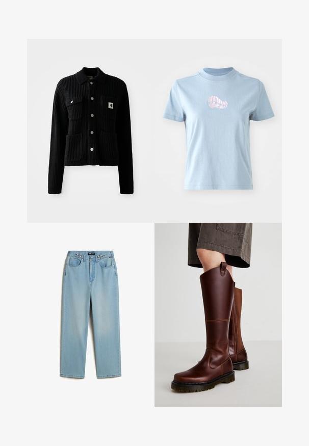 Sort, ribbet cardigan med krave, frontlomme og sølvknapper. Har et logo-patch på brystlommen. Blød tekstur.; Lyseblå bomulds T-shirt med korte ærmer og høj halsudskæring, prydet med et lille pink broderet skaldesign på forsiden.; Vans CINCHED CHECK - Baggy jeans - light stonewash; Brune læder knæhøje støvler med en glat overflade, solid sål og en let hæl. Har en lynlås i siden og en løkke bagpå for nem påtagning.