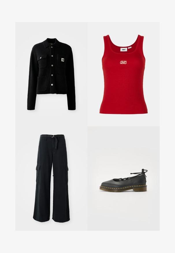 Cardigan negro con canalé, con cuello, bolsillos delanteros de parche y botones plateados. Tiene un parche con el logo en el bolsillo del pecho. Textura suave.; Top de tirantes rojo con canalé, un escote redondo y tirantes anchos, que presenta un logo bordado "OBEY" en blanco en la parte frontal central.; Pantalones cargo anchos negros de algodón con cinturón de lazo, que cuentan con dos bolsillos laterales y una textura de tela suave.; Zapato de cuero negro con punta redondeada, tacón bajo, detalles de cordones y costuras amarillas a lo largo de la suela. Textura suave con un acabado mate.