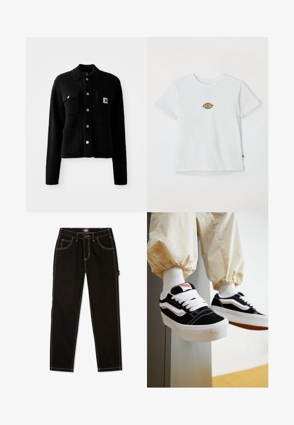 Sort, ribbet cardigan med krave, frontlomme og sølvknapper. Har et logo-patch på brystlommen. Blød tekstur.; Hvid bomulds t-shirt med et rundt logo med flerfarvede accenter. Korte ærmer og rund halsudskæring, med et lille mærke ved kanten.; Sorte denimbukser med kontrastfarvet hvid syning, fem lommer og en flap på siden. Standard pasform, lige ben design.; Person iført sorte og hvide Vans sneakers med hvide snørebånd, hvide sokker og beige bukser med elastiske manchetter.