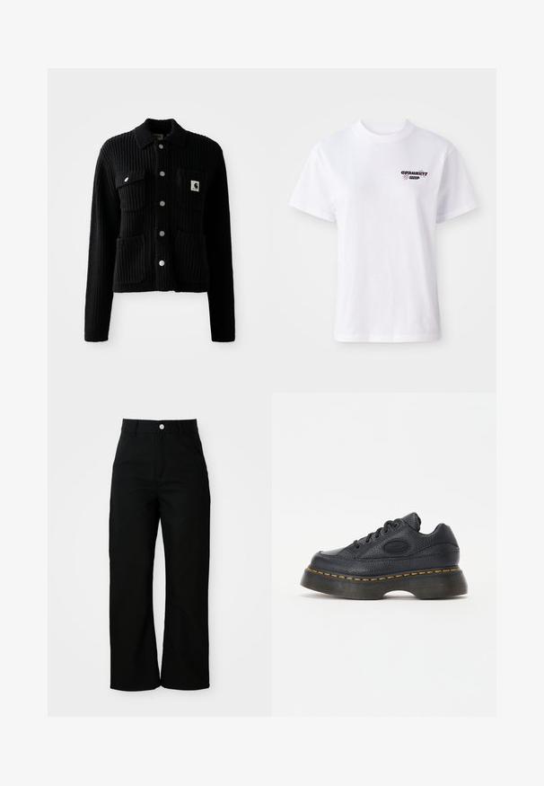 Cardigan negro con canalé, con cuello, bolsillos delanteros de parche y botones plateados. Tiene un parche con el logo en el bolsillo del pecho. Textura suave.; Camiseta blanca de manga corta con cuello redondo, con un pequeño logo negro y morado de Carhartt WIP en el lado izquierdo del pecho.; Pantalones negros de tiro alto y pierna recta con bolsillos frontales, trabillas para cinturón y un cierre de botón plateado sobre un fondo blanco.; Zapatilla de cuero negro con acabado texturizado, punta redonda y suela de plataforma gruesa. Presenta costuras de acento amarillas y logotipo de la marca en el lateral.