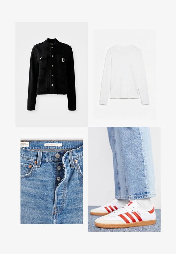 Cardigan noir à côtes avec col, poches avant plaquées et boutons en métal argenté. Présente un patch logo sur la poche poitrine. Texture douce.; T-shirt blanc uni à manches longues et col rond, posé à plat sur une surface blanche, montrant l'avant et la longueur complète des manches.; Jeans en denim bleu clair avec une coupe droite à la cheville. Comprend cinq poches, deux boutons en métal et des coutures orange visibles. Étiquettes présentes.; Baskets en cuir blanc avec des rayures et des accents rouges. Dotées d'une semelle extérieure en gomme texturée et d'un col rembourré. Portées avec un jean en denim bleu clair.