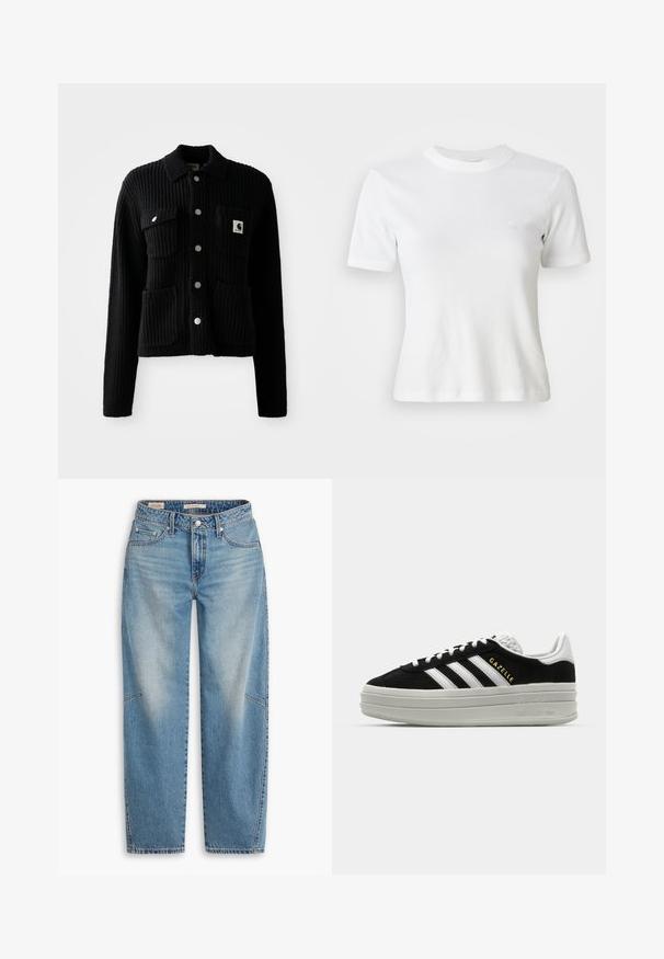 Sort, ribbet cardigan med krave, frontlomme og sølvknapper. Har et logo-patch på brystlommen. Blød tekstur.; Hvid ribbet kortærmet T-shirt med rund halsudskæring og et lille logo på brystet. Lavet af blødt stof med en tætsiddende pasform.; Lyseblå denimjeans med løs pasform, lige ben, knapgylp og fem-lomme-stil med subtile falme- og syningsdetaljer.; Sort ruskind sneaker med hvide læderdetaljer, tre hvide striber, flade snørebånd og en tyk grå platformsål. Guldfarvet "Gazelle" branding.