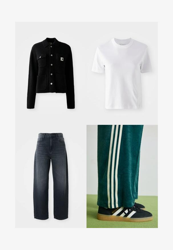 Cardigan negro con canalé, con cuello, bolsillos delanteros de parche y botones plateados. Tiene un parche con el logo en el bolsillo del pecho. Textura suave.; Camiseta de algodón blanca de manga corta con cuello redondo y un pequeño logo bordado en el pecho, de textura suave y diseño sencillo.; Jeans de pierna ancha en denim de lavado oscuro, con una cintura alta, cierre clásico de botón y cremallera, y un ligero desvanecimiento en el frente.; Pantalones verdes texturizados con franjas laterales blancas, combinados con zapatillas Adidas negras que presentan tres franjas blancas y una suela de goma.