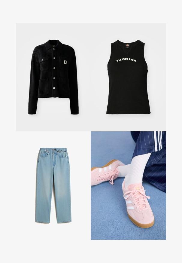 Zwarte, geribbelde cardigan met een kraag, voorzakken en zilveren knopen. Beschikt over een logopatch op de borstzak. Zachte textuur.; Zwarte mouwloze tanktop met een geribbelde structuur, voorzien van een witte gebogen "DICKIES"-logo op de borst en een V-hals ontwerp.; Vans CINCHED CHECK - Baggy jeans - light stonewash; Lichtroze suède sneakers met witte strepen en veters, voorzien van een gestructureerde tong en een gumzool, geplaatst op een blauwe tapijt.