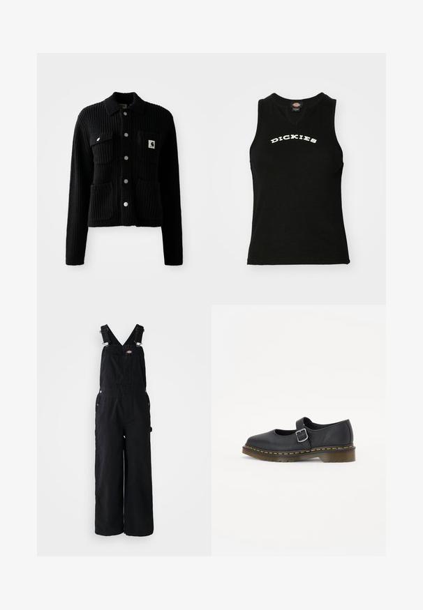 Cardigan negro con canalé, con cuello, bolsillos delanteros de parche y botones plateados. Tiene un parche con el logo en el bolsillo del pecho. Textura suave.; Top sin mangas negro con textura acanalada, con un logotipo blanco curvado de "DICKIES" en el pecho y un diseño de escote en V.; Pantalones de mezclilla negra tipo overoles con piernas anchas, tirantes ajustables, bolsillo frontal y detalles de metal plateado. Textura suave, diseño minimalista.; Zapatos Mary Jane de cuero negro con punta redonda, hebilla ajustable, costuras amarillas y suela de goma marrón gruesa.