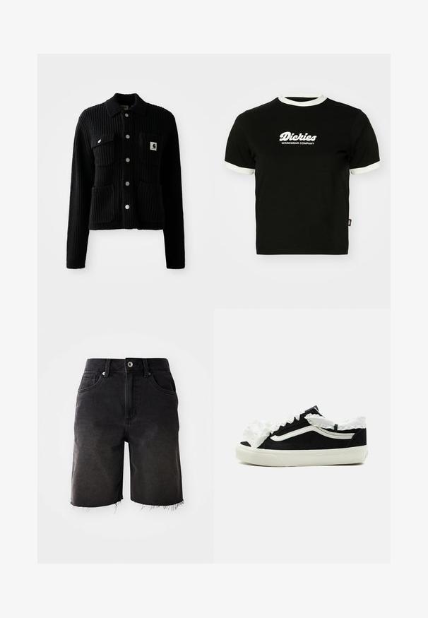 Sort, ribbet cardigan med krave, frontlomme og sølvknapper. Har et logo-patch på brystlommen. Blød tekstur.; Sort bomulds t-shirt med hvid ribbet halsudskæring og ærmekanter. Har hvidt logo-tekst på forsiden: "Dickies Workwear Company." Korte ærmer.; Sorte denimshorts med en falmet vask, frynset kant, klassisk fem-lommer design og enkelt knaplukning. Tykke syninger som accentuerer hele shortsene.; Sort lavtop-sneaker med hvid sål, hvid stribe på siden og dekorativt hvidt flæset stof langs tungen og ankleranden.