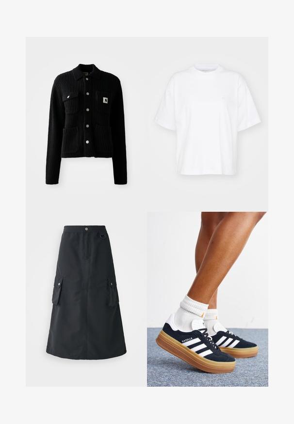 Schwarze, gerippte Strickjacke mit einem Kragen, vorderen aufgesetzten Taschen und silbernen Knöpfen. Verfügt über ein Logopatch auf der Brusttasche. Weicher Touch.; Weißes Baumwoll-T-Shirt mit Rundhalsausschnitt, kurzen Ärmeln und lockerer Passform. Verfügt über ein dezentes Logo auf der linken Brustseite. Glatte Textur.; Schwarzer Mid-Calf-Rock aus leichtem Stoff, mit elastischem Bund, zwei Cargo-Taschen und einem dezenten Glanz.; Beine mit weißen Socken und schwarzen Adidas Gazelle Sneakers mit weißen Streifen und dicken braunen Sohlen auf einem grauen Teppichboden.