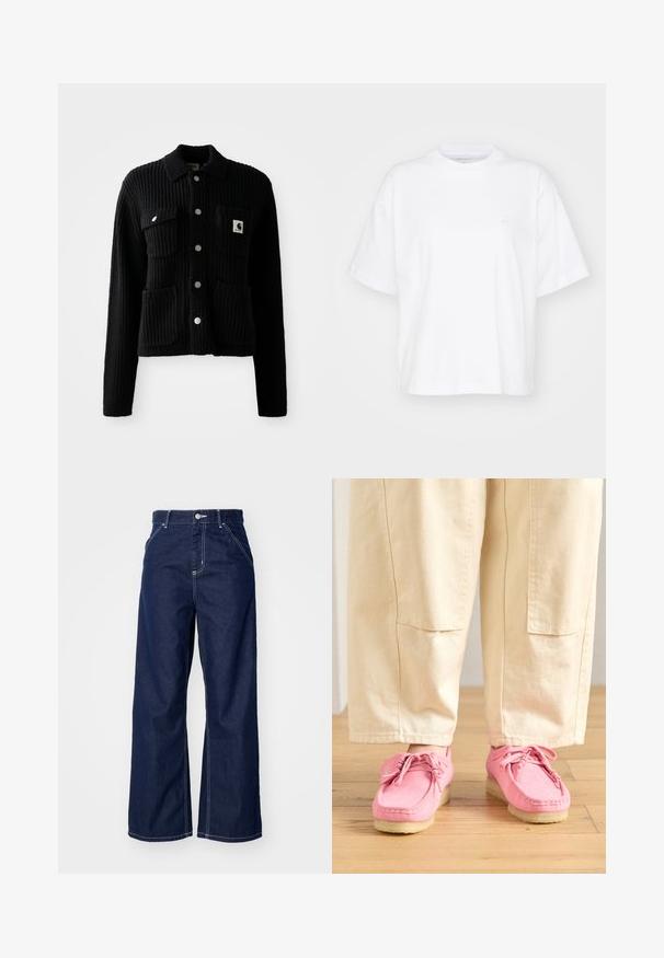 Cardigan noir à côtes avec col, poches avant plaquées et boutons en métal argenté. Présente un patch logo sur la poche poitrine. Texture douce.; T-shirt en coton blanc avec un col rond, des manches courtes et une coupe décontractée. Présente un logo discret sur la zone gauche de la poitrine. Texture lisse.; Jean large en denim bleu foncé, avec une taille haute, des coutures blanches contrastantes et un design traditionnel à cinq poches.; Chaussures en suède rose de style mocassin avec lacets, présentant une surface texturée et une semelle en caoutchouc beige clair, associées à un pantalon beige.