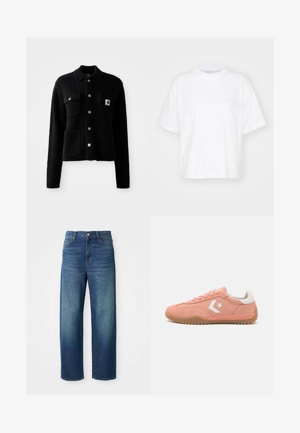 Cardigan noir à côtes avec col, poches avant plaquées et boutons en métal argenté. Présente un patch logo sur la poche poitrine. Texture douce.; T-shirt en coton blanc avec un col rond, des manches courtes et une coupe décontractée. Présente un logo discret sur la zone gauche de la poitrine. Texture lisse.; Jean en denim bleu, design à jambes larges, taille mi-haute, décoloration subtile, style cinq poches, avec fermeture à bouton et à glissière, ourlet droit.; Baskets en suède rose avec des accents blancs, design à lacets, semelle en gomme texturée et logo d'étoile sur le côté. Profil bas et léger.
