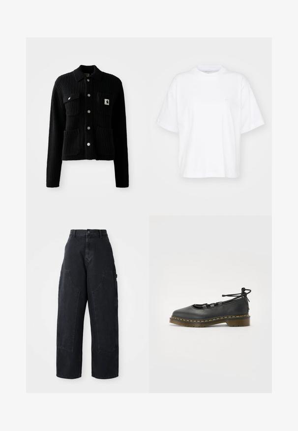 Cardigan negro con canalé, con cuello, bolsillos delanteros de parche y botones plateados. Tiene un parche con el logo en el bolsillo del pecho. Textura suave.; Camiseta de algodón blanca con cuello redondo, mangas cortas y un corte relajado. Presenta un logo sutil en el área del pecho izquierdo. Textura suave.; Pantalones cargo de denim negro de pierna ancha con cintura alta, dos grandes bolsillos frontales y cierre de botón en la cintura. Textura suave, diseño casual.; Zapato de cuero negro con punta redondeada, tacón bajo, detalles de cordones y costuras amarillas a lo largo de la suela. Textura suave con un acabado mate.