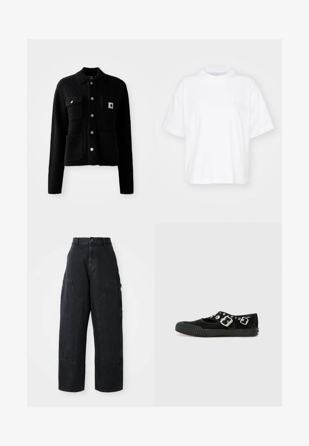Cardigan negro con canalé, con cuello, bolsillos delanteros de parche y botones plateados. Tiene un parche con el logo en el bolsillo del pecho. Textura suave.; Camiseta de algodón blanca con cuello redondo, mangas cortas y un corte relajado. Presenta un logo sutil en el área del pecho izquierdo. Textura suave.; Pantalones cargo de denim negro de pierna ancha con cintura alta, dos grandes bolsillos frontales y cierre de botón en la cintura. Textura suave, diseño casual.; Vans MARY JANE - Bailarinas - black