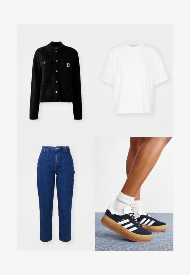 Sort, ribbet cardigan med krave, frontlomme og sølvknapper. Har et logo-patch på brystlommen. Blød tekstur.; Hvid bomulds t-shirt med rund hals, korte ærmer og en afslappet pasform. Har et diskret logo på venstre brystområde. Glat tekstur.; Mørkeblå denim jeans med høj talje, lige ben, frontknaplukning og sidelommer. Glat tekstur med en let stræk.; Ben iført hvide sokker og sorte Adidas Gazelle sneakers med hvide striber og tykke brune såler på et gråt tæppe.