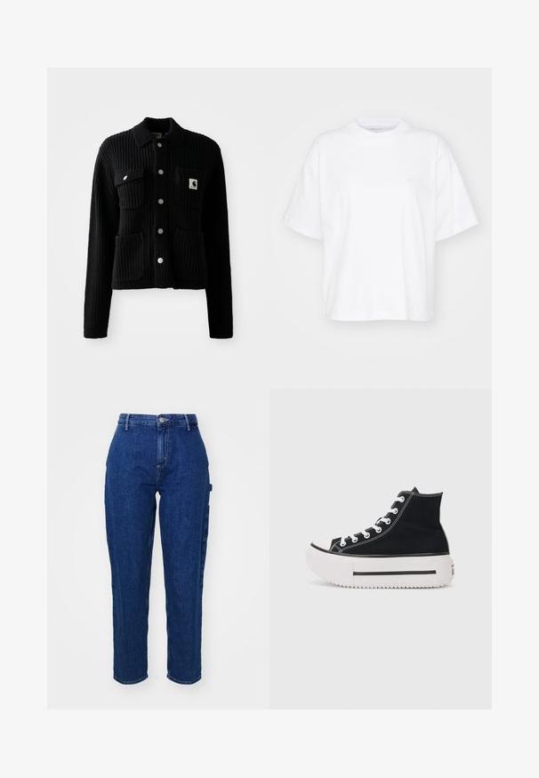 Sort, ribbet cardigan med krave, frontlomme og sølvknapper. Har et logo-patch på brystlommen. Blød tekstur.; Hvid bomulds t-shirt med rund hals, korte ærmer og en afslappet pasform. Har et diskret logo på venstre brystområde. Glat tekstur.; Mørkeblå denim jeans med høj talje, lige ben, frontknaplukning og sidelommer. Glat tekstur med en let stræk.; Sort højtop sneakers lavet af canvas, med hvide syninger, gummitåhætte, tyk hvid platformssål og sorte stribe detaljer.