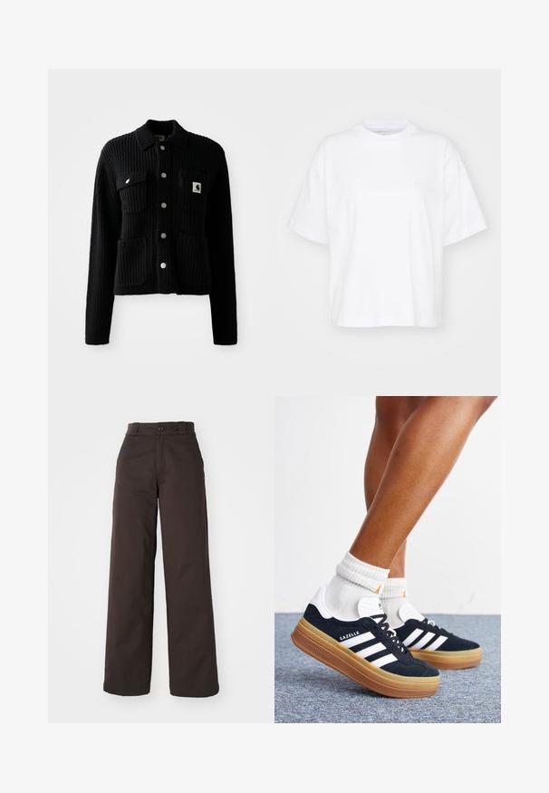 Sort, ribbet cardigan med krave, frontlomme og sølvknapper. Har et logo-patch på brystlommen. Blød tekstur.; Hvid bomulds t-shirt med rund hals, korte ærmer og en afslappet pasform. Har et diskret logo på venstre brystområde. Glat tekstur.; Brune bredbenede bukser med knaplukning og bæltestropper, lavet af holdbart stof, som har en glat tekstur og rene linjer.; Ben iført hvide sokker og sorte Adidas Gazelle sneakers med hvide striber og tykke brune såler på et gråt tæppe.