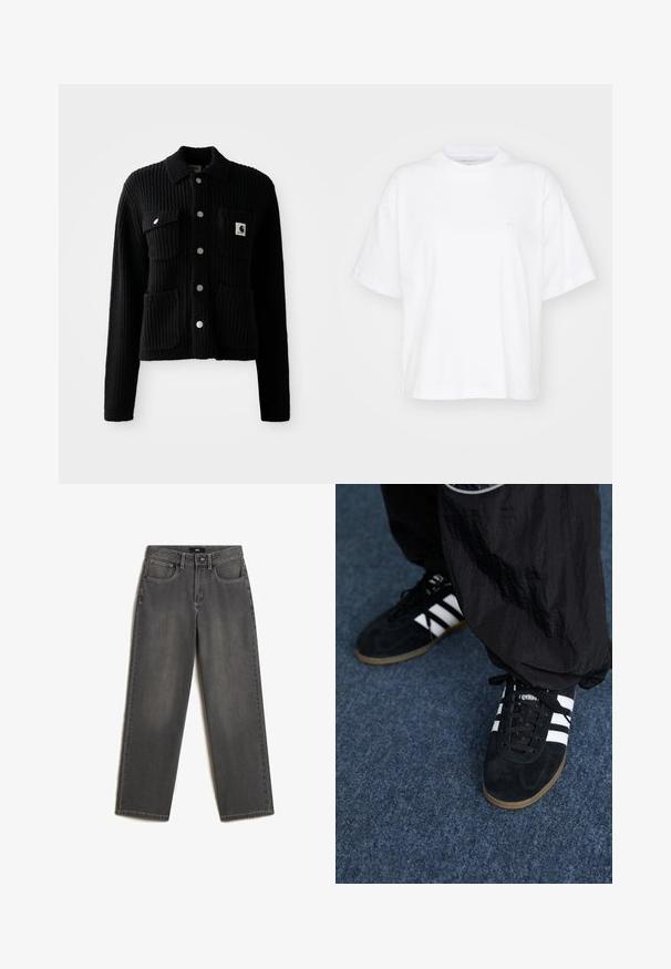 Sort, ribbet cardigan med krave, frontlomme og sølvknapper. Har et logo-patch på brystlommen. Blød tekstur.; Hvid bomulds t-shirt med rund hals, korte ærmer og en afslappet pasform. Har et diskret logo på venstre brystområde. Glat tekstur.; Grå vidde jeans lavet af denim. Har fem lommer, en frontknap og lynlås lukning, samt subtil fading på stoffet.; Sorte suedetrainingssko med tre hvide striber og sorte snørebånd. Et tekstureret sort bukser er delvist synligt ved siden af skoene.