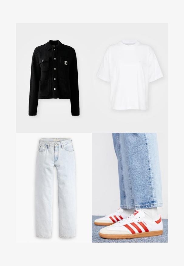 Sort, ribbet cardigan med krave, frontlomme og sølvknapper. Har et logo-patch på brystlommen. Blød tekstur.; Hvid bomulds t-shirt med rund hals, korte ærmer og en afslappet pasform. Har et diskret logo på venstre brystområde. Glat tekstur.; Lyseblå, lige ben denim jeans med høj talje, der har fem lommer, en frontknaplukning og synlige syninger.; Hvide lædersneakers med røde striber og accenter. Har en tekstureret gummisål og polstret krave. Bæres med lyseblå denim.