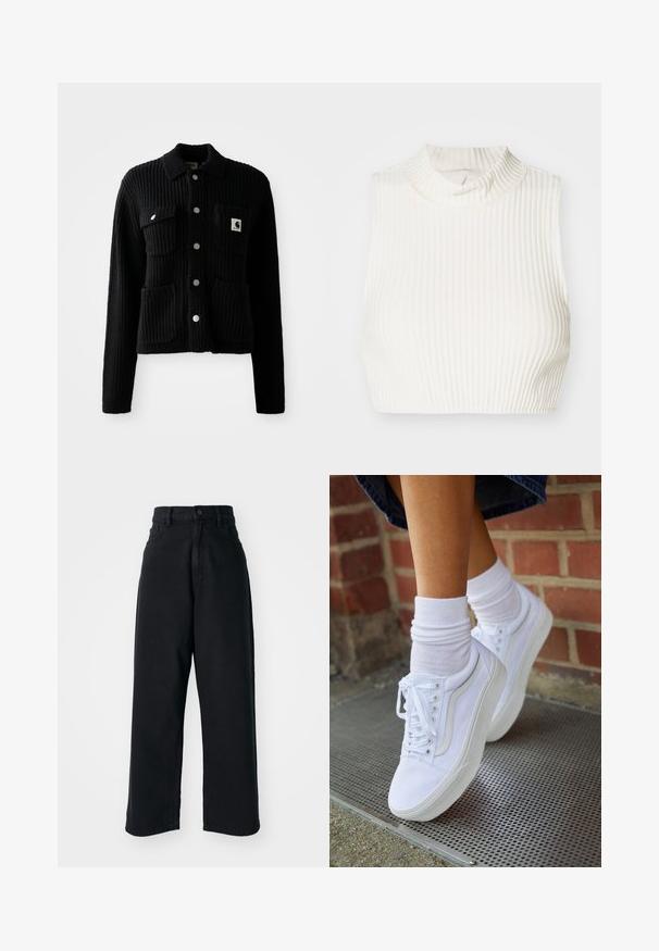Sort, ribbet cardigan med krave, frontlomme og sølvknapper. Har et logo-patch på brystlommen. Blød tekstur.; Hvid ribbet ærmeløs cropped top med høj hals og subtil knapdetalje ved kraven, lavet af et glat, strækbart stof.; Sorte højtaljede vid ben jeans med frontlommer og knaplukning, præsenteret mod en plain hvid baggrund.; Hvide lærreds sneakers med gummisåler, der har seks snørehuller, rund tå og let sømdetaljer, krydret med hvide ankelstrømper.