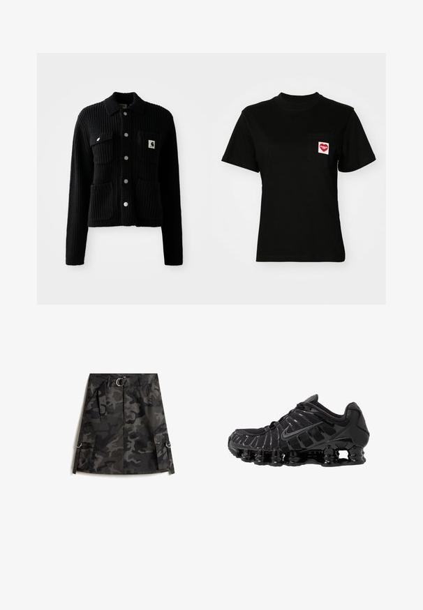 Sort, ribbet cardigan med krave, frontlomme og sølvknapper. Har et logo-patch på brystlommen. Blød tekstur.; Sort bomulds t-shirt med rund halsudskæring og korte ærmer. Har en frontlomme med et rødt hjerte-logo og hvid tekst.; Kamuflage nederdel i mørkegrå og sort, med en frontlynlås, bælte med sølvspænde og to cargo-lommer med ringe.; Sort atletisk sko med mesh-overdel og glatte overlays. Har buet spiralbøsningsdæmpning og strukturerede linjer på siden. Nike-logoet er synligt.