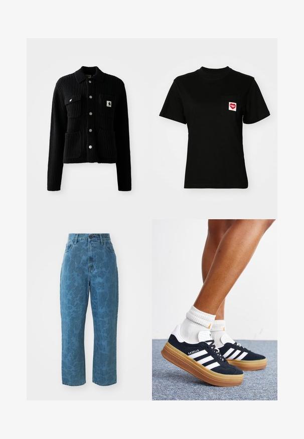 Sort, ribbet cardigan med krave, frontlomme og sølvknapper. Har et logo-patch på brystlommen. Blød tekstur.; Sort bomulds t-shirt med rund halsudskæring og korte ærmer. Har en frontlomme med et rødt hjerte-logo og hvid tekst.; Lyseblå denim jeans med en subtil mønstret struktur, høj talje og lige ben. Har en frontlukning med knap og lynlås.; Ben iført hvide sokker og sorte Adidas Gazelle sneakers med hvide striber og tykke brune såler på et gråt tæppe.