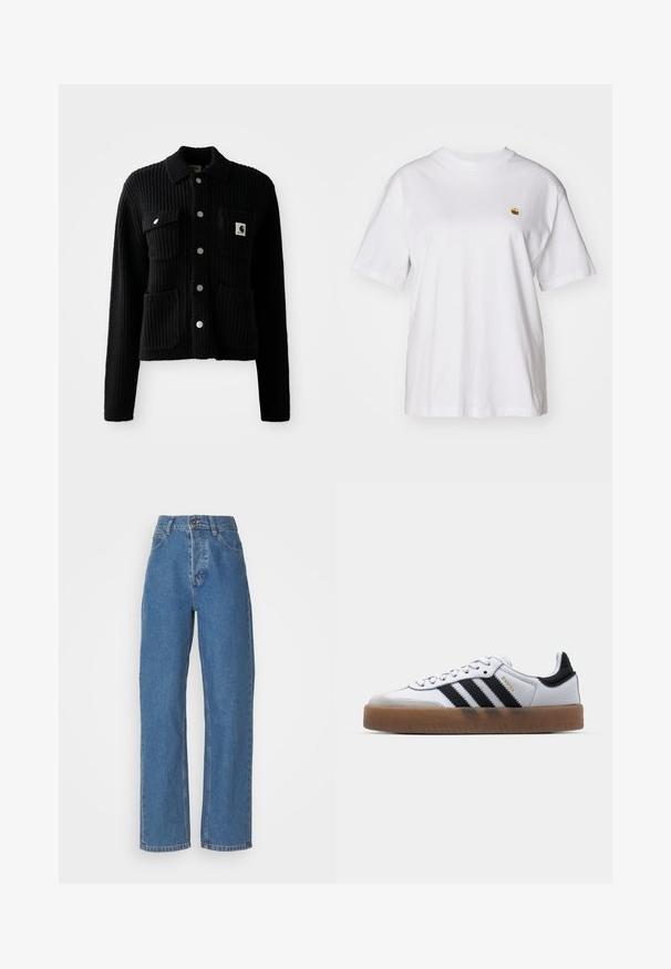 Schwarze, gerippte Strickjacke mit einem Kragen, vorderen aufgesetzten Taschen und silbernen Knöpfen. Verfügt über ein Logopatch auf der Brusttasche. Weicher Touch.; Weißes Baumwoll-T-Shirt mit lockerem Schnitt, kurzen Ärmeln und einem kleinen gestickten Logo auf der linken Brustseite.; Hoch taillierte, gerade geschnittene blaue Jeans mit einem verblassten Finish. Besitzt fünf Taschen, einen Knopfverschluss und dezente Nähte.; Weiße Leder Sneakers mit schwarzen Streifen, Gummigummi-Außensohle, runder Zehenform, Schnürverschluss und weichem grauem Wildleder-Zehenkappe.