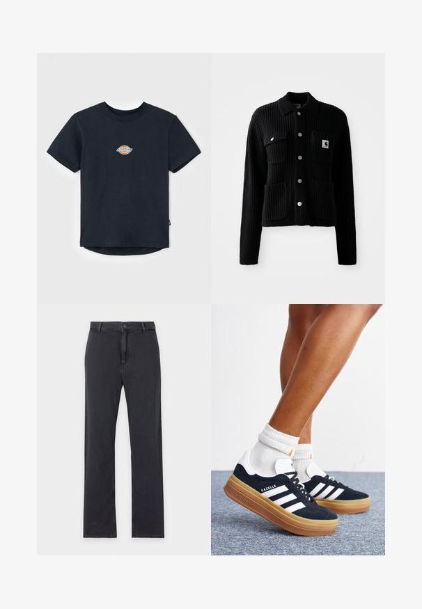 Schwarze, gerippte Strickjacke mit einem Kragen, vorderen aufgesetzten Taschen und silbernen Knöpfen. Verfügt über ein Logopatch auf der Brusttasche. Weicher Touch.; Schwarzes Baumwoll-T-Shirt mit kurzen Ärmeln, Rundhalsausschnitt und einem kleinen, mehrfarbigen Logo auf der Brust. Gerader Saum mit einem leicht längeren Rücken.; Schwarze Jeans mit geradem Bein, vorderem Knopf- und Reißverschluss, Gürtelschlaufen und klassischem Fünf-Taschen-Design, flach auf weißem Hintergrund liegend.; Beine mit weißen Socken und schwarzen Adidas Gazelle Sneakers mit weißen Streifen und dicken braunen Sohlen auf einem grauen Teppichboden.