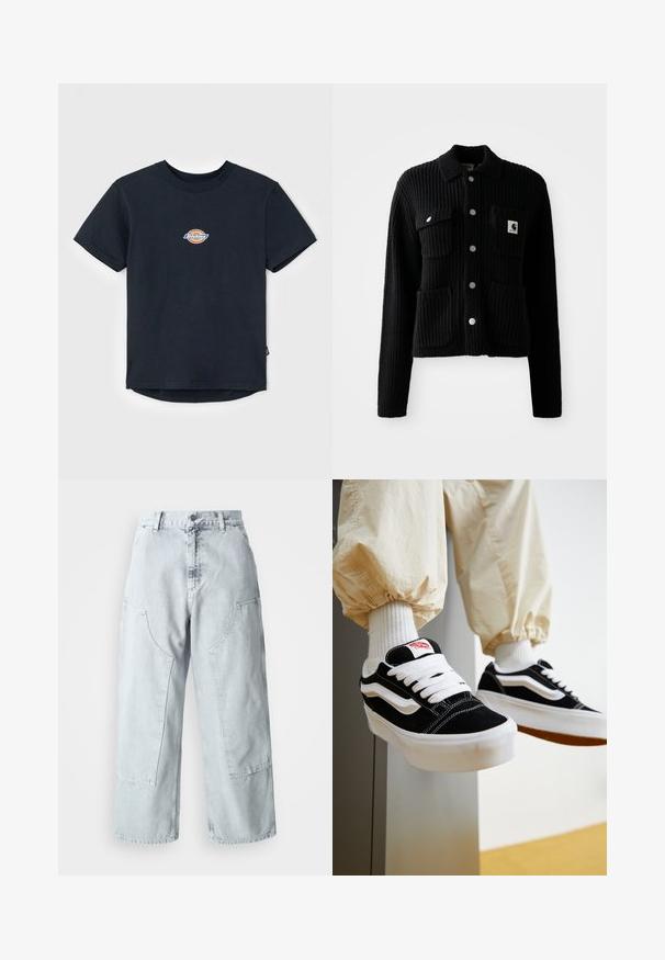 Sort, ribbet cardigan med krave, frontlomme og sølvknapper. Har et logo-patch på brystlommen. Blød tekstur.; Sort bomulds t-shirt med korte ærmer, rund hals og et lille flerfarvet logo på brystet. Lige kant med en let længere ryg.; Lys blå denim bred benbukser med store sidelommer, høj talje og løst fit. Slidte tekstur med en falmet finish.; Person iført sorte og hvide Vans sneakers med hvide snørebånd, hvide sokker og beige bukser med elastiske manchetter.
