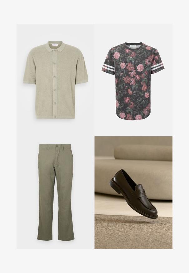 Suéter de manga corta y cuello en punto acanalado de color verde claro. Presenta un cierre de botones y una textura de tejido con un diseño limpio y informal.; Camiseta de manga corta de color gris oscuro con patrón floral rosa y dos rayas blancas en cada manga, cuello redondo y etiqueta con la marca "Pier One".; Pantalones casuales de color verde oliva, hechos de una tela suave. Cuentan con un corte recto, bolsillos frontales y un cierre de botón. Sin patrones visibles.; Un solo mocasín de cuero marrón oscuro flotando sobre una alfombra beige texturizada, con un sofá beige desenfocado al fondo.