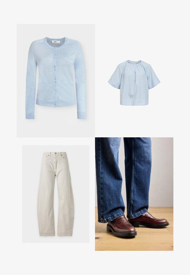 Lyseblå cardigan med lange ærmer, knapper foran, rund halsudskæring og ribstrikkede manchetter og kant, med et lille broderet logo på brystet.; Lyseblå bluse med korte ærmer og subtile lodrette striber og en rund halsudskæring med rynker, designet til en løs pasform.; Off-white, højtaljede vide jeans med forlommer, bæltestropper, knaplukning og synlige syninger på en ensfarvet baggrund.; Person iført brune læder loafers og blå jeans står på et trægulv mod en neutral baggrund.