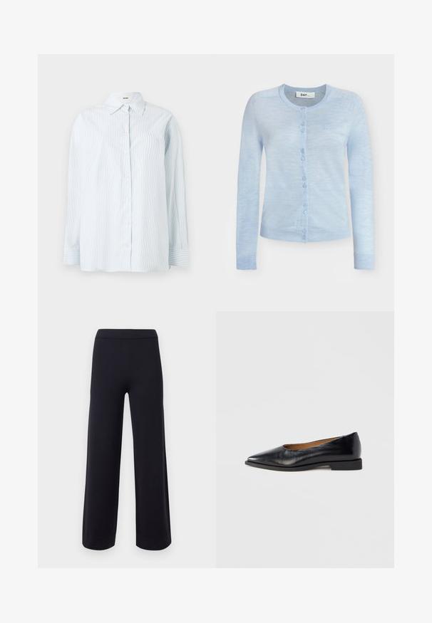 Hellblauer Cardigan mit langen Ärmeln, Knopfleiste, Rundhalsausschnitt sowie gerippten Bündchen und Saum, mit kleinem gesticktem Logo auf der Brust.; Hellblau gestreiftes Button-up-Hemd aus glattem Stoff; mit klassischem Kragen und langen Ärmeln mit Knopfmanschetten.; Schwarze, weite Hosen mit hoher Taille und umgeschlagenen Säumen, vor einem einfarbigen hellen Hintergrund präsentiert.; Schwarzer Lederflachschuh mit spitz zulaufender Zehe und niedrigem, quadratischem Absatz. Glatte Textur, minimalistisches Design, ohne sichtbare Beschläge oder Muster.