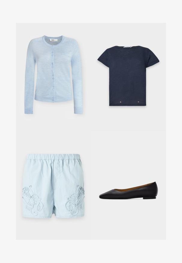 Cardigan bleu clair à manches longues, boutonné, avec col rond et poignets et ourlet côtelés, avec un petit logo brodé sur la poitrine.; T-shirt bleu foncé à manches courtes, col rond et trois petits œillets métalliques en bas sur le devant, présenté sur un fond uni.; Shorts de bain bleu clair avec broderie de homard sur les côtés, taille élastique et tissu lisse et léger.; Chaussure plate en cuir noir à bout pointu avec talon bas et finition lisse, vue de côté sur un fond gris clair.