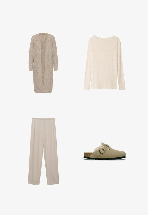 Cardigan long beige avec une coupe ample, une devanture ouverte et un motif tricoté texturé. Il a des manches longues et est fabriqué dans un matériau doux et confortable.; Top en maille beige clair à manches longues avec encolure bateau et texture chinée subtile.; Pantalons en coton beige légers, avec une coupe droite, une taille élastique et une texture douce. Pas de motifs ni de matériel visible.; Sabots beiges avec une tige en suède lisse, une doublure en fausse fourrure douce et une boucle sur le côté. Semelle intérieure en liège, semelle en caoutchouc noir et design de bout arrondi.