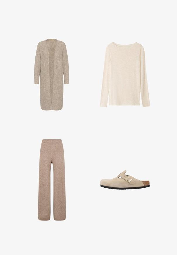 Cárdigan largo beis de corte holgado, con abertura frontal y un patrón de punto texturizado. Presenta mangas largas y un material suave y acogedor.; Top de punto beige claro de manga larga con escote barco y una textura jaspeada sutil.; Pantalones de punto de pierna ancha en un tono marrón claro con una cinturilla y puños acanalados, confeccionados con una tela suave y texturizada. No se ven bolsillos.; Zueco de ante beige sin cordones con punta redonda, correa ajustable, plantilla de corcho y suela de goma negra para mayor agarre.
