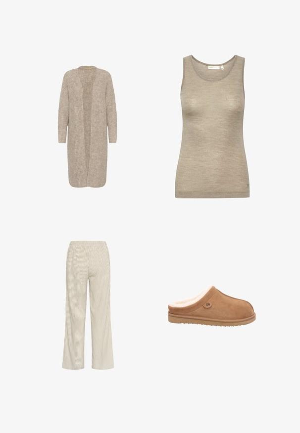 Beige lang cardigan med en løs pasform, åben front og tekstureret strikmønster. Har lange ærmer og et blødt, hyggeligt materiale.; Beige ærmeløs tanktop lavet af blød, tekstureret stof, med en rund halsudskæring og et let figursyet design med minimale syningdetaljer.; Lys beige stribede bukser med løs pasform, der har en elastisk talje og lodrette linjer, som skaber et tekstureret udseende.; Rohde ROHDE SOAZZA PANTOFFELN - Hjemmesko - cuoio