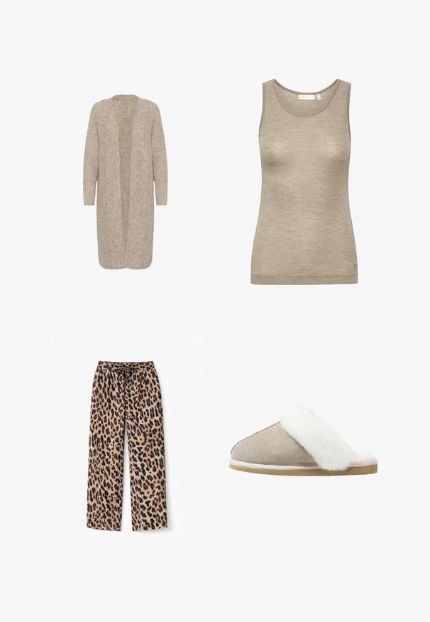Cardigan long beige avec une coupe ample, une devanture ouverte et un motif tricoté texturé. Il a des manches longues et est fabriqué dans un matériau doux et confortable.; Débardeur sans manches beige en tissu doux et texturé, présentant un col rond et une coupe légèrement cintrée avec des détails de couture minimalistes.; Pantalon ample à imprimé léopard en tissu doux. Il possède une ceinture élastique avec un cordon de serrage. Les couleurs incluent le marron clair et le noir.; Mocassin en daim beige clair avec une bande de fourrure blanche duveteuse sur le dessus, doté d'une semelle extérieure texturée pour une meilleure adhérence et un confort optimal.