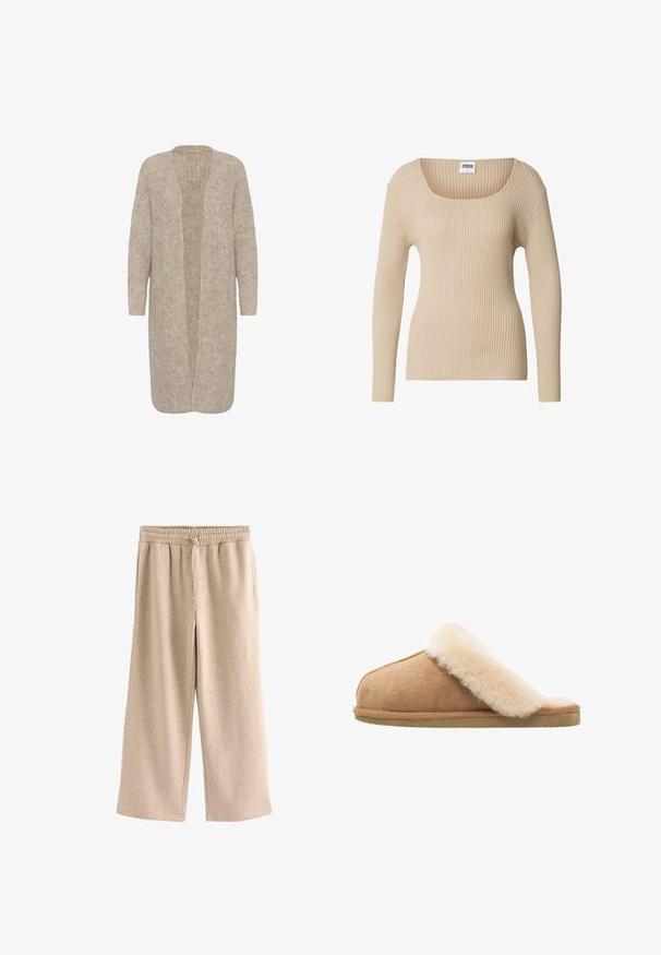 Beige lange cardigan met een losse pasvorm, open voorkant en een textuur breipatroon. Heeft lange mouwen en is gemaakt van een zachte, gezellige stof.; Beige ribgebreide trui met een vierkante halslijn en lange mouwen, gemaakt van zachte, gestructureerde stof. Eenvoudig ontwerp, geschikt om te combineren.; Beige broek met wijde pijpen, een elastische tailleband en een koordje, gemaakt van een zachte, gevlekte stof.; Beige suède instapschoen met een zachte, fluffy crème schapenvachtvoering. Voorzien van een platte, gestructureerde rubberen zool voor grip.