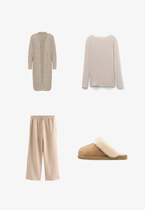 Cardigan long beige avec une coupe ample, une devanture ouverte et un motif tricoté texturé. Il a des manches longues et est fabriqué dans un matériau doux et confortable.; T-shirt à manches longues rose clair avec un col rond décontracté, fabriqué en tissu doux avec une texture marbrée subtile.; Pantalon beige à jambes larges avec taille élastique et cordon, en tissu doux et moucheté.; Chausson en suède beige à enfiler avec une doublure en laine de mouton crème douce et moelleuse. Doté d'une semelle en caoutchouc texturé et plate pour une meilleure adhérence.