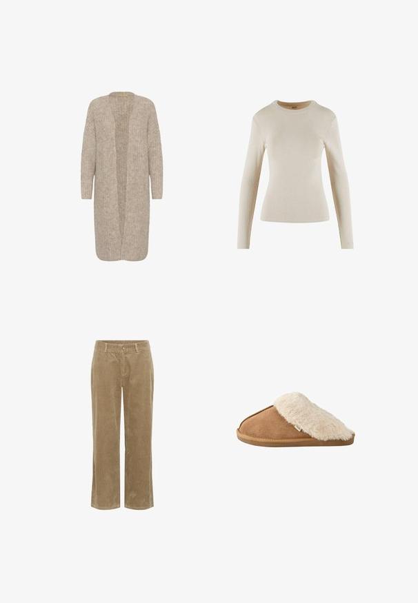 Beige langer Cardigan mit lockerer Passform, offenem Front und strukturiertem Strickmuster. Verfügt über lange Ärmel und ein weiches, gemütliches Material.; Beige langärmliges Rippoberteil mit Rundhalsausschnitt; hat ein tailliertes Design und ein kleines Logo-Detail am Bündchen.; Beige Cordhosen mit Gürtelschlaufen, vorderem Knopf, Reißverschluss und geradem Bein. ; Brauner pantoffel zum Hineinschlüpfen mit weichem beigem Kunstpelzfutter und -sohle, Seitenansicht auf weißem Hintergrund.