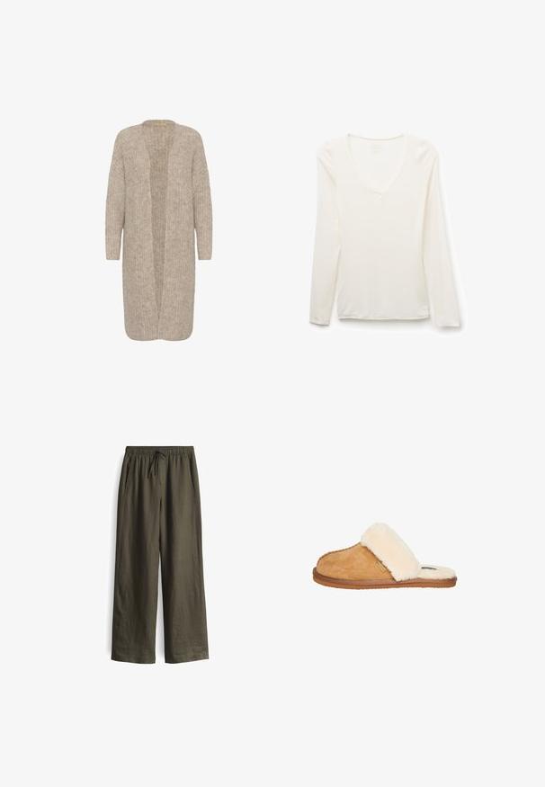 Beige lange cardigan met een losse pasvorm, open voorkant en een textuur breipatroon. Heeft lange mouwen en is gemaakt van een zachte, gezellige stof.; Wit T-shirt met lange mouwen en V-hals, slim fit, plat gelegd op een witte achtergrond.; Olijfgroene, losse broek met een elastische tailleband en trekkoord, voorzien van zijzakken en een lichtgewicht, gestructureerde stof.; Superdry & Co Muiltjes - tan
