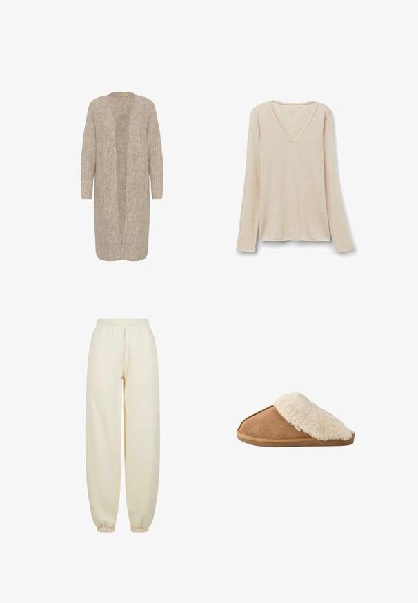 Cardigan long beige avec une coupe ample, une devanture ouverte et un motif tricoté texturé. Il a des manches longues et est fabriqué dans un matériau doux et confortable.; Haut à manches longues en tissu beige clair avec une texture douce. Coupe décontractée avec un ourlet droit et un design minimaliste.; Pantalons de jogging couleur crème en tissu doux, avec un design à jambes larges, une taille élastique et des poignets ajustés aux chevilles.; Chausson marron à enfiler avec doublure et semelle en fausse fourrure beige douce, vue de côté sur fond blanc.