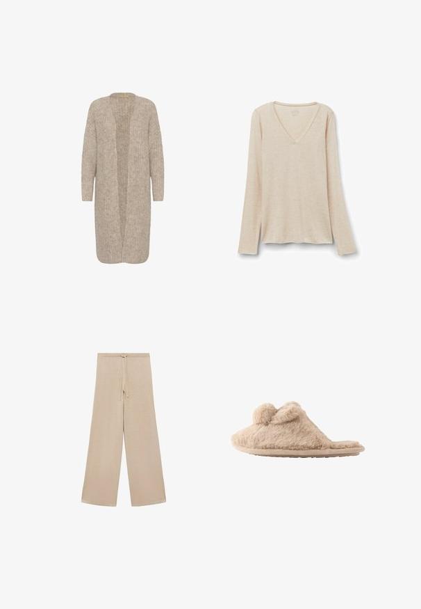 Cardigan long beige avec une coupe ample, une devanture ouverte et un motif tricoté texturé. Il a des manches longues et est fabriqué dans un matériau doux et confortable.; Haut à manches longues en tissu beige clair avec une texture douce. Coupe décontractée avec un ourlet droit et un design minimaliste.; Pantalons larges beiges en tissu doux, dotés d'une taille à cordon de serrage et d'une texture lisse, sans motifs ni accessoires supplémentaires.; Chausson beige duveteux à enfiler avec deux pompons sur le dessus et une semelle plate, conçu pour une utilisation intérieure.