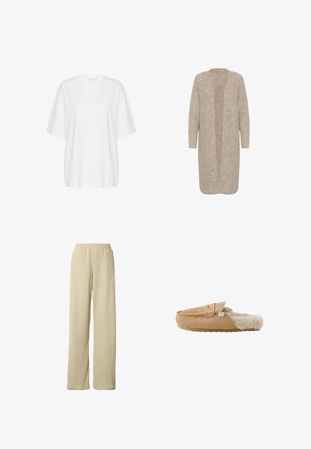 Beige lange cardigan met een losse pasvorm, open voorkant en een textuur breipatroon. Heeft lange mouwen en is gemaakt van een zachte, gezellige stof.; Witte korte mouwen t-shirt van zachte katoen. Heeft een ronde halslijn en een subtiele logo detail op de linkerborst. Rechte pasvorm.; Beige geribbelde wijde broek met elastische tailleband en subtiel klein wit logo op de bovenkant van de dij.; Lichtbruine suède instapslof met zachte crèmekleurige nepbontvoering en een vlakke rubberen zool, zijaanzicht.