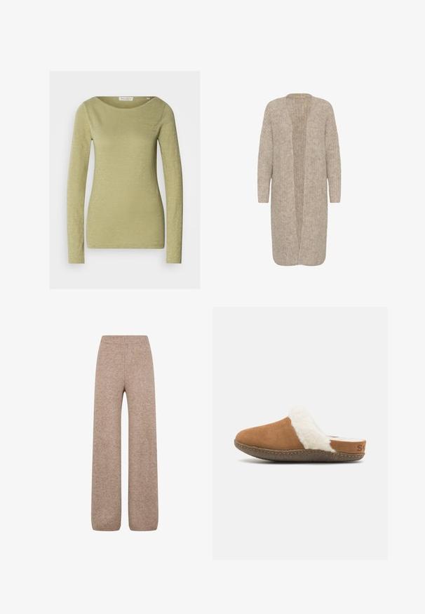 Beige lange cardigan met een losse pasvorm, open voorkant en een textuur breipatroon. Heeft lange mouwen en is gemaakt van een zachte, gezellige stof.; Langemouwige top in licht olijfgroen, gemaakt van een zachte, gestructureerde stof. Heeft een brede halslijn en een aansluitende silhouet.; Brede gebreide broek in een lichtbruine tint met een ribbel waistband en manchetten, gemaakt van een zachte, gestructureerde stof. Geen zichtbare zakken.; Bruine suede instapper met een witte donzige voering en een gestructureerde zool. Kenmerken zijn een gestikte rand en een klein merkdetail op de hiel.