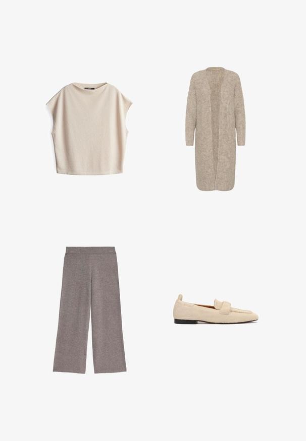 Beige lange cardigan met een losse pasvorm, open voorkant en een textuur breipatroon. Heeft lange mouwen en is gemaakt van een zachte, gezellige stof.; Beige shirt met korte mouwen, een textuurafwerking, een brede hals en een relaxed fit. Gemaakt van zacht materiaal, heeft het een minimalistisch ontwerp en drop shoulders.; Grijze wijde gebreide broek met een elastische tailleband, platte voorkant en een ontspannen pasvorm, weergegeven op een witte achtergrond.; Beige platte loafer met een gestructureerd, bontachtig oppervlak, zwarte zool en een brede band over het bovenste deel van de schoen.