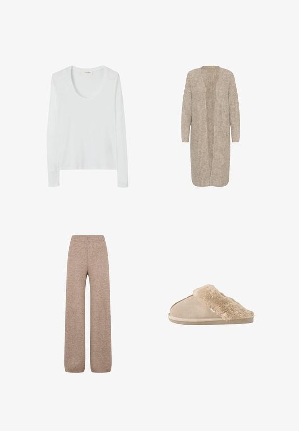 Beige pitkä neuletakki, jossa on löysä istuvuus, avoin etuosa ja teksturoitu neulekuvio. Kaksi pitkähihaista ja pehmeää, mukavaa materiaalia.; Pitkähihaisen valkoisen t-paidan, jossa on avara kaula-aukko, valmistettu kevyestä kangasta, rento istuvuus eikä lisäkuvioita.; Neule leveyden lahkeet ruskeassa sävyssä, jossa on ribbineulottu vyötärö ja hihansuut, pehmeästä, teksturoidusta kankaasta. Ei näkyviä taskuja.; Beigen värinen liukusisätossu, jossa pehmeä nahkapintainen ulkopinta ja pehmeä, pörröinen vuori ja kalvosin, suunniteltu sisätilojen mukavuutta varten.