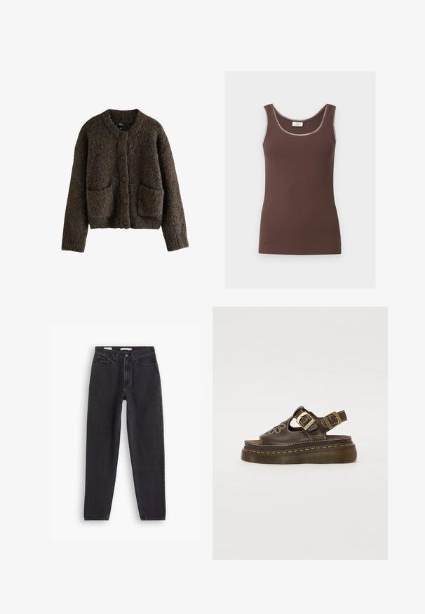 Brun struktureret cardigan med rund halsudskæring, forreste knapper og to påsyede lommer. Lavet af vævet materiale med en blød finish.; Ærmeløs, ribbet brun tanktop med rund halsudskæring og lys kant langs kanterne, vist fladt på hvid baggrund.; Sorte denim jeans med lige ben-design, der har fem lommer, lukning med knap foran og syninger langs sømmene.; Dr. Martens DUNNET - Plateausandaler - kelp brown